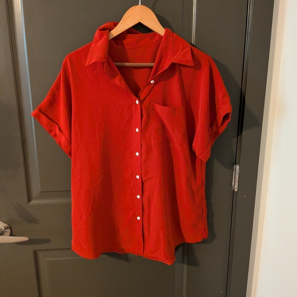 Tops - Red Short-Sleeve Button-Up Shirt - Women's Top